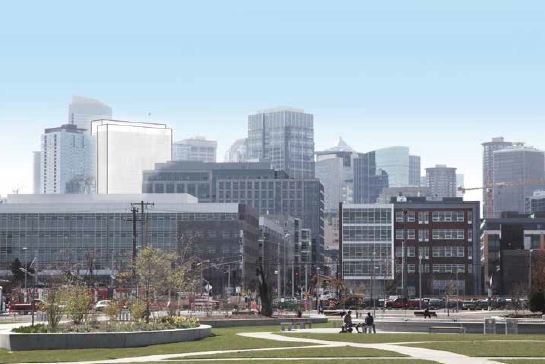 The view from South Lake Union looking southeast at the proposed 9th & Stewart project